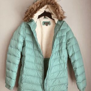 Eddie Bauer Parka Girls XL 16 Green Faux Fur Down Insulated Puffer Sherpa Lined